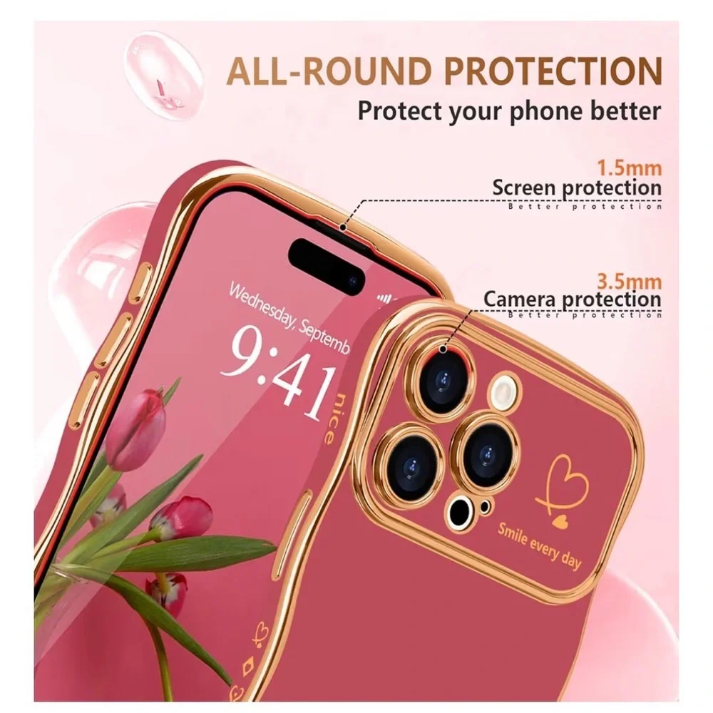 NWOT Faint Red Wave Phone Case for 15 Pro with Gold Trim.